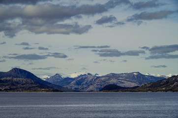 Breathtaking panoramic landscape scenery with mountains and glaciers inside Beagle Channel while...