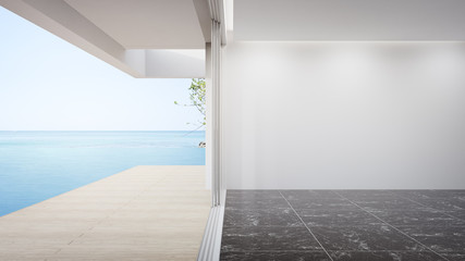 Blank white wall on empty black marble floor of large living room in modern house or luxury pool villa. Minimal home interior 3d rendering with beach and sea view.