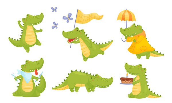 Toothy Friendly Crocodile Dancing and Walking with Umbrella Vector Set