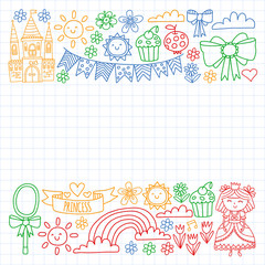 Fototapeta premium Princess illustration for happy birthday party. Children illustration. Vector pattern for little girls.