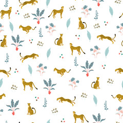 Fototapeta premium Seamless pattern with wild cats Cheetahs in different poses and exotics palms tree coloured with bright pastel. Tropical summer on white backdrop. Great for wrap paper, wallpapers, web, surface design