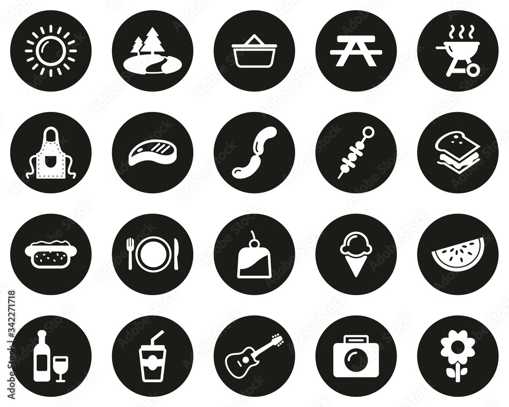 Sticker Picnic Or Barbecue Icons White On Black Flat Design CIrcle Set Big