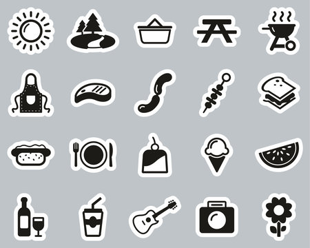 Picnic Or Barbecue Icons Black & White Sticker Set Big