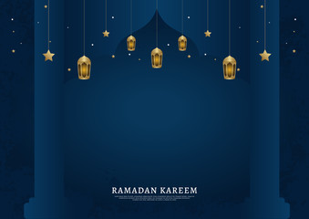 Blue islamic design for holy month of muslim template. Vector illustration for eid mubarak banner,greeting card, invitation, and poster. Ramadan theme with shape