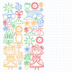 Fototapeta na wymiar Princess illustration for happy birthday party. Children illustration. Vector pattern for little girls.