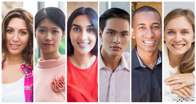 Positive confident diverse young people portrait set. Smiling men and women of different races multiple shot collage. Business people concept