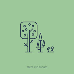 Vector outline icon of home farming and gardening - trees and bushes