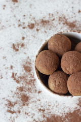 Raw vegan energy balls with cocoa powder, chickpea and peanut butter, light grey background. Clean eating concept. Selective focus. Top view.