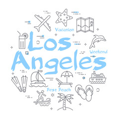 Vector colorful icons of summer time banner with text Los Angeles