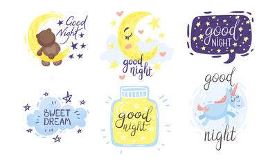 Cute Pictures with Good Night and Sweet Dreams Inscriptions Vector Set