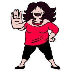 fat woman with black hair and red top. stands there confidently and lifts his hand up to forne. stop, laugh, distance, curvy, comic, positive.