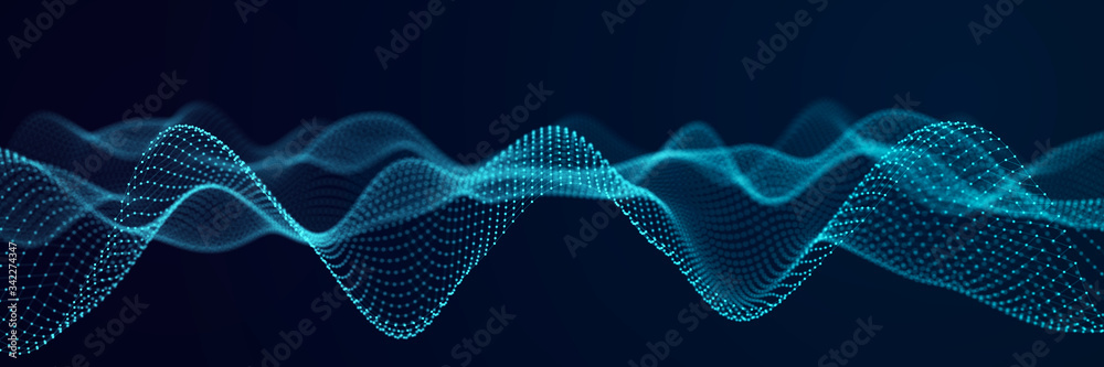 Aufkleber Big data visualization. The musical stream of sounds. Abstract background with interweaving of dots . 3D rendering.
