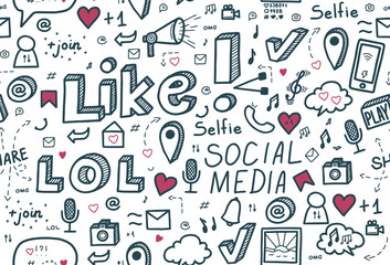 Social media seamless pattern. Hand drawn vector illustration in cute doodle style