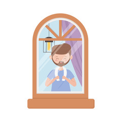 stay at home, happy man looking at window in the room