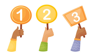 Human Hands of Different Skin Color Holding Score Tables Vector Set