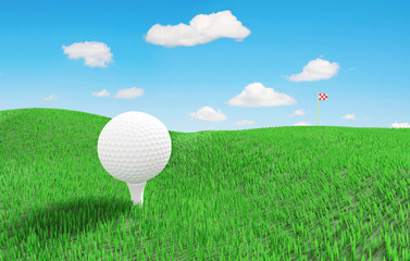 White golf ball on a green grassy meadow and a remote flag on horizon. 3D illustration