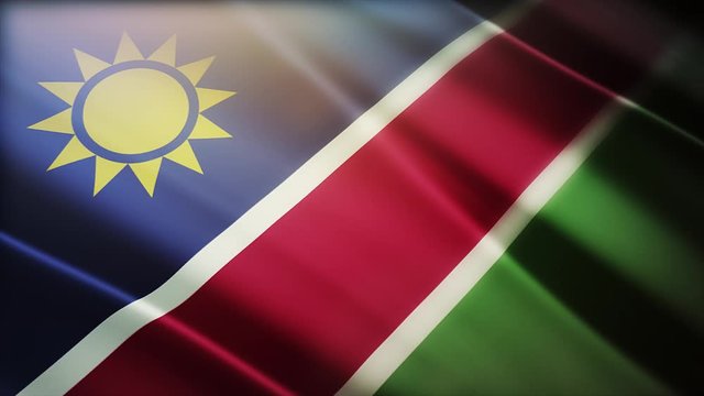 4k Namibia National flag slow waving with visible wrinkles in Namibian wind blue sky seamless loop background.A fully digital rendering;animation loops at 40 seconds;smooth texture.