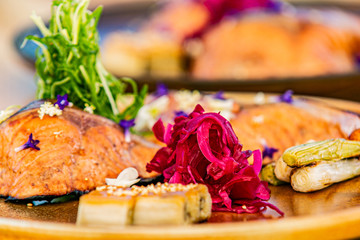 The food in the restaurant. Food styling and restaurant meal serving. Gourmet restaurant menu concept. Creative stylist restaurant