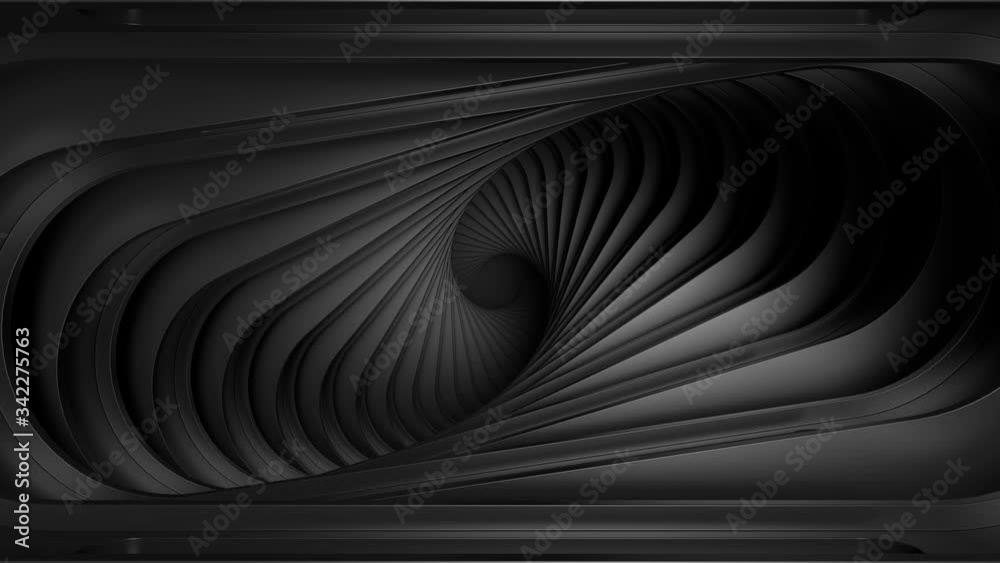Poster 3d render of twisted geometry structure. minimalistic. dark material. loop animation.