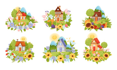 Obraz na płótnie Canvas Village Houses Standing on Meadow with Winding Path Surrounded by Circular Crop and Flower Arrangement Vector Set
