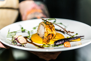 The food in the restaurant. Food styling and restaurant meal serving. Gourmet restaurant menu concept. Creative stylist restaurant