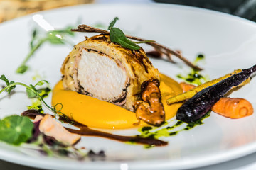 The food in the restaurant. Food styling and restaurant meal serving. Gourmet restaurant menu concept. Creative stylist restaurant
