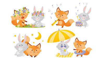 Humanized Fox and Hare Engaged in Different Activities Vector Set