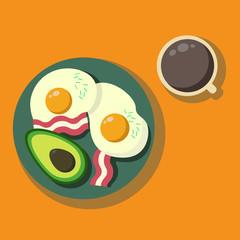 Morning meal. Healthy Breakfast with avocado. Good nutrition. Eggs and bacon for Breakfast. A Cup of morning coffee. Balanced diet. Homemade Breakfast on a plate. Vector illustration.