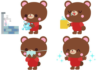 手洗いうがい、医療マスクをするクマイラスト