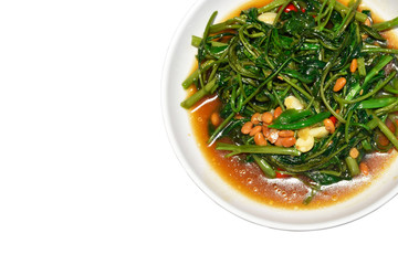 Stir fried morning glory in a white dish On a white background