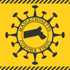 Round badge with shape of virus and Massachusetts map. Yellow US state epidemy lock down stamp. Vector illustration.