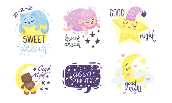 Cute Pictures with Good Night and Sweet Dreams Inscriptions Vector Set
