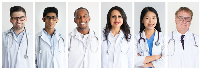 Positive confident multiethnic hospital doctors isolated portrait set. Young men and women of different races and ages in medical white coats shot collage. Medicine and healthcare concept