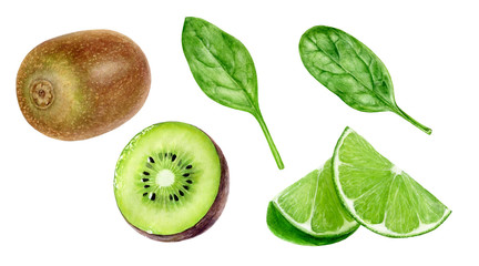 Naklejka na ściany i meble Kiwi fruit lime spinach set watercolor isolated on white background