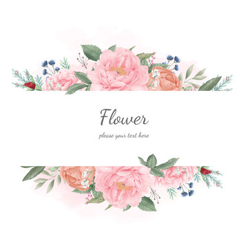Peony flower watercolor set. Wedding flower invitation card. Flora greeting.