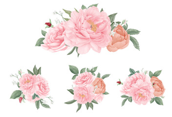 Rose Peony Bouquet Set. watercolor hand drawn beautiful collection. Wedding Flower. © Panupon