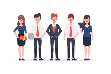 Fototapeta na wymiar Businessman and businesswoman cartoon character on white background. Teamwork concept design. Flat vector illustration.