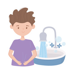 covid 19 quarantine, boy with bathroom sink isolated design