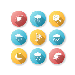 Sky clarity and precipitation flat design long shadow glyph icons set