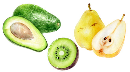 Kiwi fruit slice pear avocado set watercolor isolated on white background
