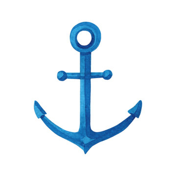 Watercolor blue anchor on a white background. Watercolour isolated image on a marine theme.