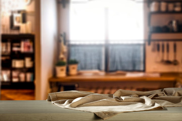 Desk of free space and blurred window in home interiror 