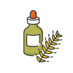 Hydrolyzed wheat protein RGB color icon. Organic moisture in bottle with drip. Herbal extract in container with droplet. Natural cosmetic product for hair treatment. Isolated vector illustration.
