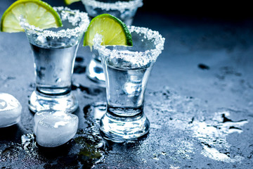 Tequila shot with lime slices and salt on dark background