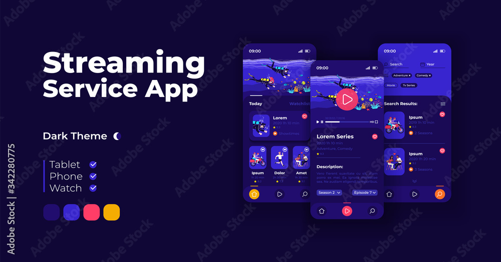 Wall mural streaming service cartoon smartphone interface vector templates set. mobile app screen page night mo