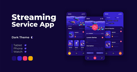 Streaming service cartoon smartphone interface vector templates set. Mobile app screen page night mode design. Video blogging platform UI for application. Phone display with flat character.