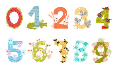 Numbers in Childish Style with Animals and Insects Attached to Each Numeral Vector Set