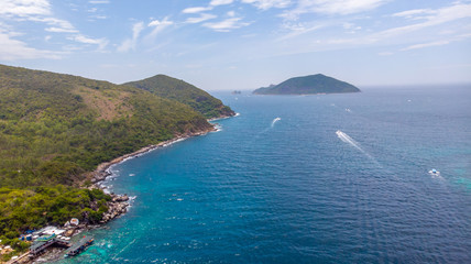 Aerial view of Hon Mun Island or Coral Bay, at Nha Trang Bay, Khanh Hoa, Vietnam. is the most beautiful island in Nha Trang, the region with the most corals and marine species in Southeast Asia