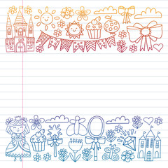 Princess illustration for happy birthday party. Children illustration. Vector pattern for little girls.