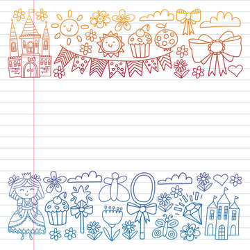 Princess illustration for happy birthday party. Children illustration. Vector pattern for little girls.
